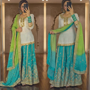 Costume Sharara en Georgette blanc pour soirée, avec broderie et travail de sequins - Product Image 1