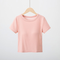 T-shirt uni à col rond et manches courtes avec rembourrage intégré, sans soutien-gorge, couche de base pour le yoga pour femmes