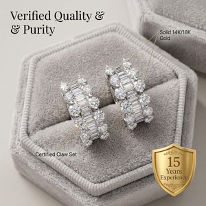 Custom 18K White <b>Gold</b> Natural Diamond Baguette Round <b>Huggie</b> Hoop Earrings Channel Pave Snap Back Jewelry MOQ 1pc - Product Image 3