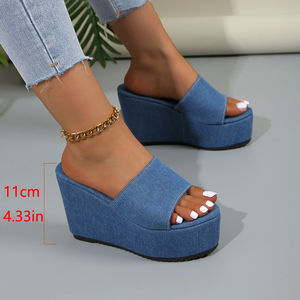 <span class=keywords><strong>Ciabatte</strong></span> da <span class=keywords><strong>Donna</strong></span> <span class=keywords><strong>in</strong></span> Denim <span class=keywords><strong>Blu</strong></span> con Zeppa Versatile, Design a Punta Tonda, Sandali alla Moda Direttamente dalla Fabbrica - Product Image 5