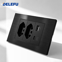 Multiprise DELEFU avec panneau en aluminium brossé durable de type 118, prise standard brésilienne, avec USB + Type-C 20W à charge rapide