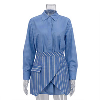 Robe chemise irrégulière à col polo rayée bleu et blanc avec lacets, nouvelle mode été 2026, pour femmes d'Europe et d'Amérique