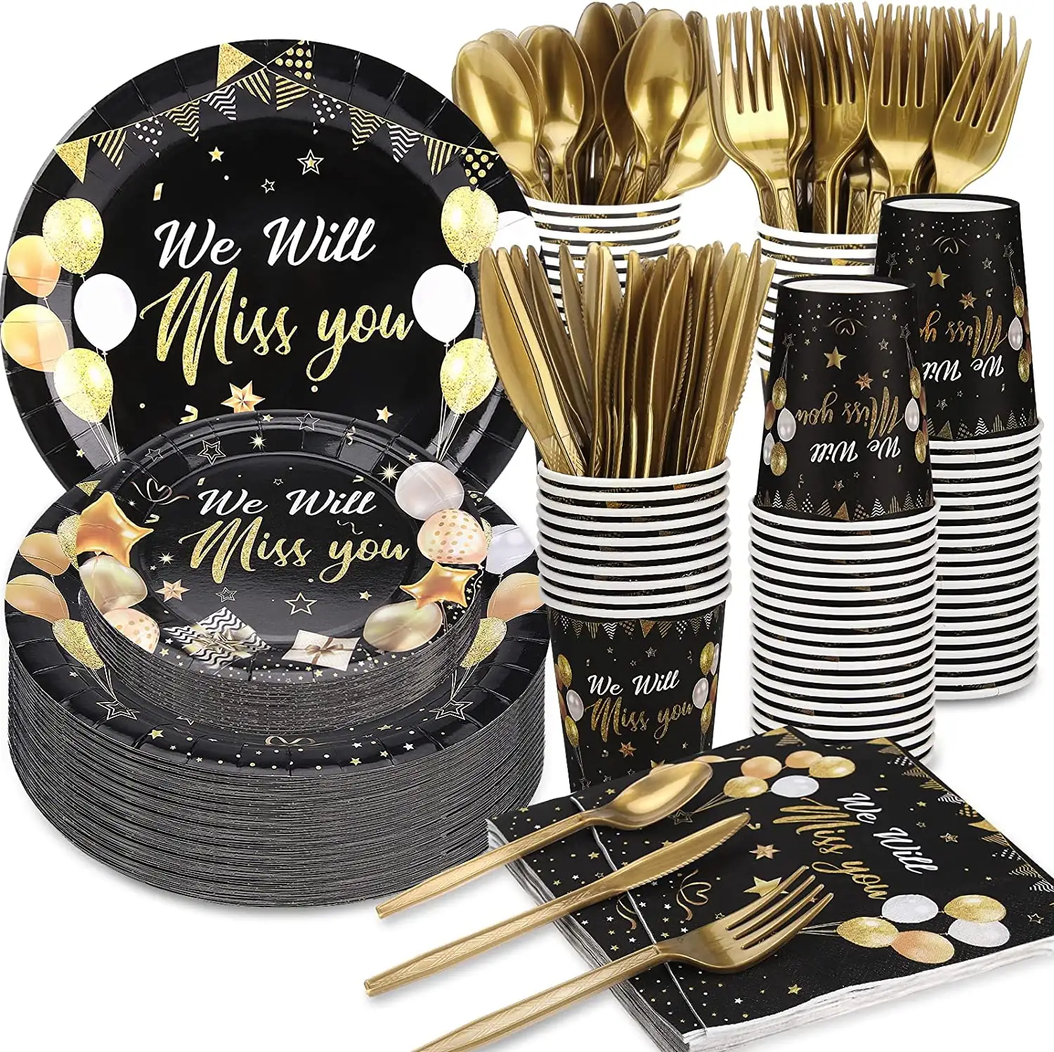 Nicro hitam emas kita akan melewatkan Anda pesta dekorasi meja pensiun selamat tinggal sekali pakai kertas bulat piring kertas peralatan makan