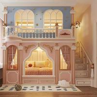 Cama litera doble estilo princesa JS Villa, de madera maciza, con arco europeo, escaleras con almacenamiento y tallado dorado, para dormitorio de niña.