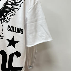 T-shirt court en molleton français personnalisé 350 GSM, blanc, délavé, col épais, impression DTG, ourlet brut, coupe ample, pour homme - Product Image 3