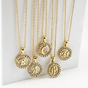 18K Gold Plated Stainless Steel 26 Letter Necklace Circular Inlaid Diamond Pendant Charm Women Necklace