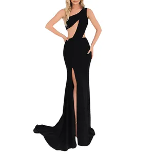 Korean Style Temperament One Shoulder Sleeveless Cut Out Black Slit Formal Evening Dresses