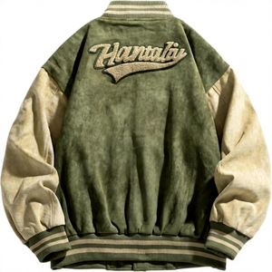 Custom LOGO Print Wholesale Men's Green <b>Suede</b> Varsity <b>Jacket</b> Embroidered Letter Front Stand Collar Casual Autumn Regular Fit - Product Image 5