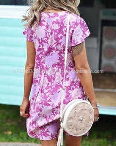 Robe mini bohème en rayonne à imprimé floral avec col en V et manches courtes, coupe trapèze, décontractée, printemps, pour femme - Product Image 4