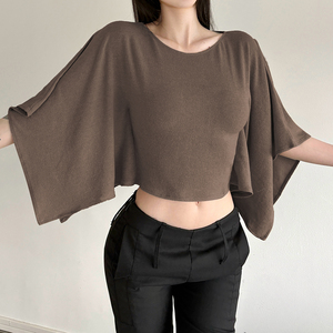 Women's Brown Batwing Sleeve Crop Top, Casual Loose Fit Boat Neck Blouse, Soft Comfy Daily Short Sleeve Top - Product Image 6