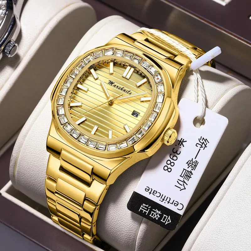 Relogio Unraion reloj dorado para hombre, relojes de cuarzo de negocios de acero inoxidable para hombre, reloj cuadrado luminoso con fecha automática resistente al agua de lujo