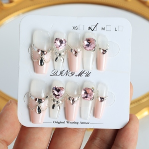 Faux ongles à presser faits main, longs, forme cercueil, rose de luxe, couvrance totale, avec strass étoiles en acrylique, prix usine en gros - Product Image 4