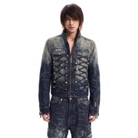 Veste DiZNEW en denim bleu foncé délavé olive, à lacets croisés, boutons métalliques, col montant, imprimé DiZNEW, fabrication OEM