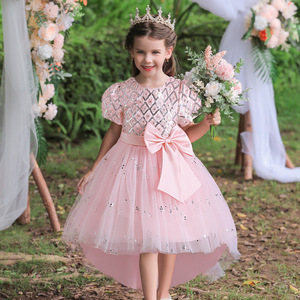 Princess Dress For Girls Wine <b>Red</b> Sequined Tutu O-Neck Flower Girl Dress With <b>Bow</b> Performance Costume - Product Image 2