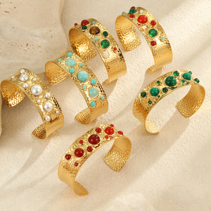 <span class=keywords><strong>Bracciale</strong></span> Aperto Vintage Alla Moda in Acciaio Inossidabile Placcato <span class=keywords><strong>Oro</strong></span> 18K <span class=keywords><strong>con</strong></span> Perle e <span class=keywords><strong>Pietre</strong></span> Naturali <span class=keywords><strong>Colorate</strong></span> Intarsiate, Gioiello Idea Regalo - Product Image 2