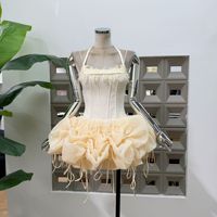 Vente en gros de vêtements pour femmes de style boutique, robe camisole sexy, robe en dentelle patchwork cintrée à la taille et bouffante pour femmes