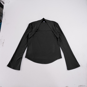 Elegant <b>Square</b> <b>Neck</b> Knit <b>Top</b> Patchwork <b>Sleeve</b> <b>Long</b> <b>Sleeve</b> Tee Shoulder Panel Detail Slim Fitted Women's 100% Cotton Basic - Product Image 2