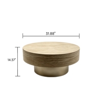Table basse moderne en bois avec piétement doré champagne, plateau texturé aspect pierre, table centrale circulaire pour salon