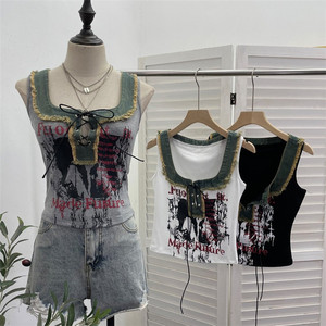 Top Corto sin Mangas con Cordones y Lazo, Estilo Retro, con Estampado y Mezcla de Mezclilla con Bordes Deshilachados para <span class=keywords><strong>Mujer</strong></span> - Product Image 2