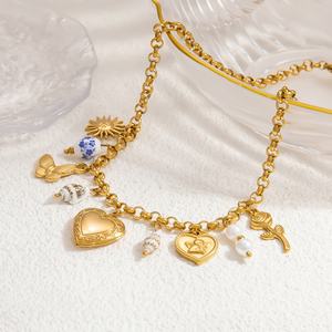 Collier pour femme en acier inoxydable avec pendentif cœur, fait main, DIY, chaîne de clavicule papillon coquillage, doré, romantique - Product Image 5