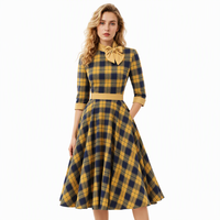 Gaun Midi A-Line OUFEI Custom Vintage Plaid dengan Kerah Pita, Pinggang Tinggi, Lengan 3/4, untuk Pesta Kasual