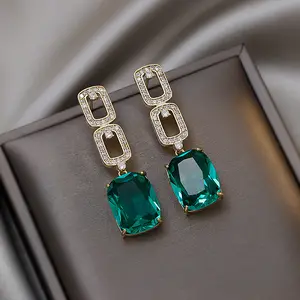 High sense of zircon square Stud earrings temperament online celebrity earrings Light and decoration earrings female