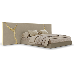 Lit plateforme de luxe sur mesure avec tête de lit large capitonnée, en velours beige et détails craquelés en feuille d'or pour chambre principale - Product Image 5