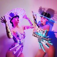 Femme Changement de Couleur LED Robe Lumineuse Chapeau Lumineux Ladies Gogo Dance Outfit DS Suit Costume Performance Clubwear Party Copslay