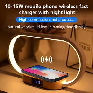 New Design Wooden Table <b>Lamp</b> with Alarm Clock 3-in-1 <b>Wireless</b> Charger USB Dimmable Eye Caring for Bedroom - Product Image 5