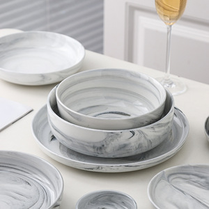 Conjunto de Louça de Porcelana de Alta Qualidade com Borda de Prata Efeito Mármore, Kit de Pratos de Cerâmica para Jantar em Restaurante - Product Image 3