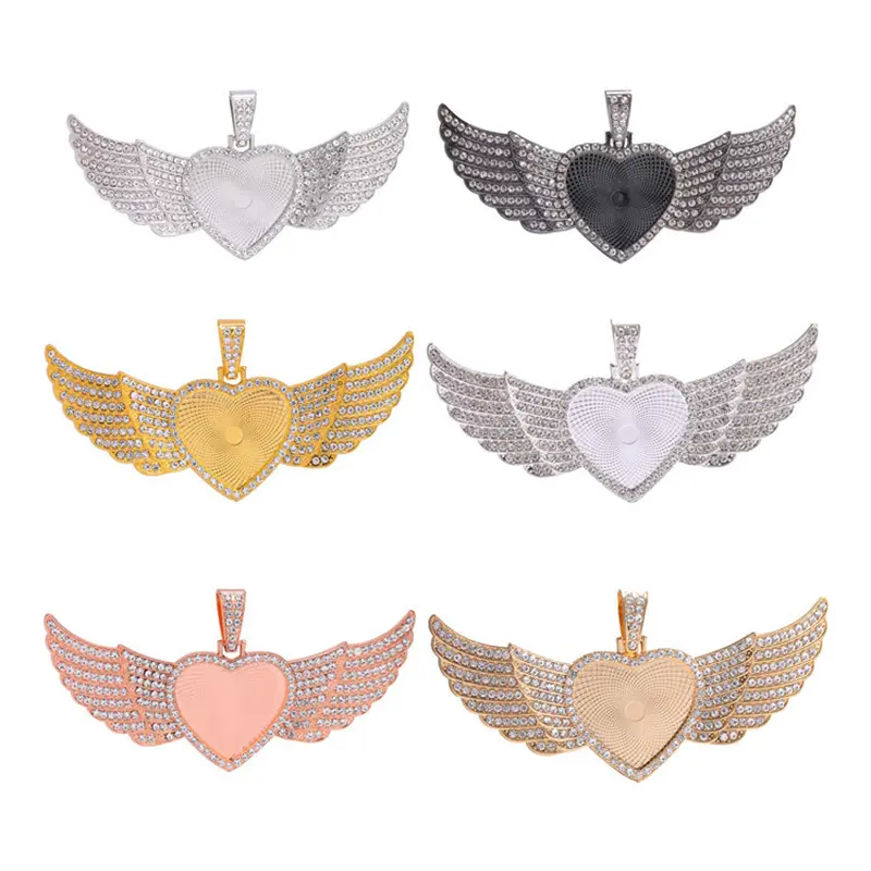 Custom Jewellery Photo DIY 2022 New Heart Angel Wing Hip Hop Jewelry Pendant Necklace Sublimation Wing Necklace Blanks