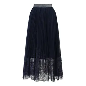 Custom Black High Quality Black Lace Trimmed Jersey Long Georgette Mesh Pleated Midi Lace Skirt Women