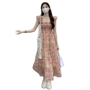 French Style Floral Print Sundress Square Collar <b>Elastic</b> Waist Breathable Casual <b>Dress</b> For Summer 2025 - Product Image 5