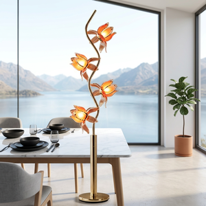 Lampadaire décoratif artistique à 4 lumières, abat-jour en forme de fleur de lotus, tige dorée courbée, lampe sur pied pour intérieur 4. - Product Image 4