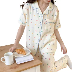 Pyjama d'été à revers à manches courtes imprimé cardigan pyjama 2 pièces ensemble nuit sommeil maison confort porter nuisette pour les femmes bas prix