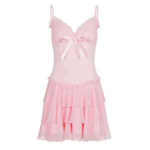 Sexy Sweet Ruffle Patchwork Mesh Cake Dress Women Bow Front Slim Waist A-Line Mini Dress Fashion Party Dress - Product Image 6