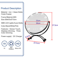 Miroir de courtoisie rond noir en ABS avec éclairage, 30 cm, 9 ampoules LED, capteur tactile, 3 modes de couleur, rotation à 360°, intensité réglable, HD 1X