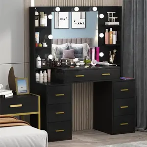 Black Color Wooden MDF Modern Design Bulbs Led Light Mirrored Makeup Vanity Dresser Desk