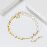GPB06 Chaîne à maillons Figaro demi-or 14K fait main en argent 925 taillé de diamants et bracelet de perles baroques demi-irrégulières
