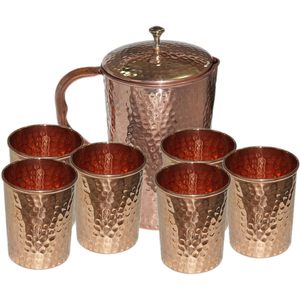 PARIJAT Handicrafts 7-Piece Set Hammered Copper Jug Pitcher 6 Glass Tumblers for Water Serving for Restaurant <b>Drink</b> <b>Dispensers</b> - Product Image 4