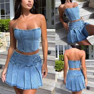 Nouvel ensemble 2 pièces mode pour femme : haut bustier en jean sans manches et jupe fendue taille haute sexy pour l'été - Product Image 2