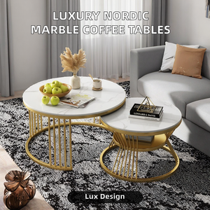 طاولات قهوة فاخرة بتصميم نورديك حديث بسطح من الرخام، طاولة مركزية متداخلة من المعدن الأبيض والحجر الذهبي لغرفة المعيشة والأثاث المنزلي - Product Image 3