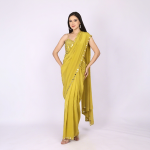 Luxury Designer Crepe Saree with <b>Jacket</b> with Mirror wok at full body and <b>jacket</b> with saree border For Every Occasion - Product Image 1