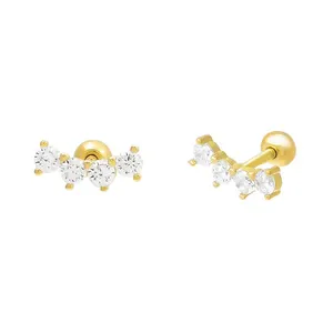 Gemnel hot selling 925 silver yellow gold diamond curved bar threaded cz screw ball stud earrings
