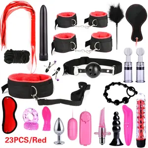 23 pcs set toys adult game bondage restraint handcuffs nipple clamp whip collar erotic toy couples toys kit for couples