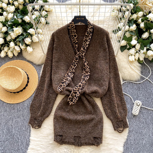 Abito Vintage da <span class=keywords><strong>Donna</strong></span> Elegante a Maglione <span class=keywords><strong>Corto</strong></span> Pullover con Scollo a V Laccio Manica Lunga e Cintura in Vita - Product Image 1