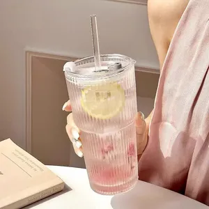 Vaso <span class=keywords><strong>de</strong></span> <span class=keywords><strong>Vidrio</strong></span> Ecológico <span class=keywords><strong>de</strong></span> 600 ml con Diseño <span class=keywords><strong>de</strong></span> Rayas, Tapa y Pajita para Jugo/Café Helado - Product Image 4