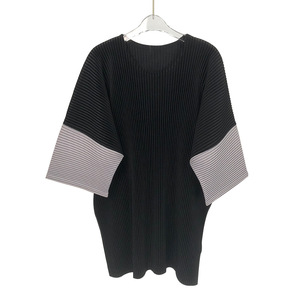 Miyake Pleats Short-sleeve Men's Summer <strong>Textured</strong> Casual Loose Polyester T-shirt for Striped Crew-neck Top Breathable - Product Image 1