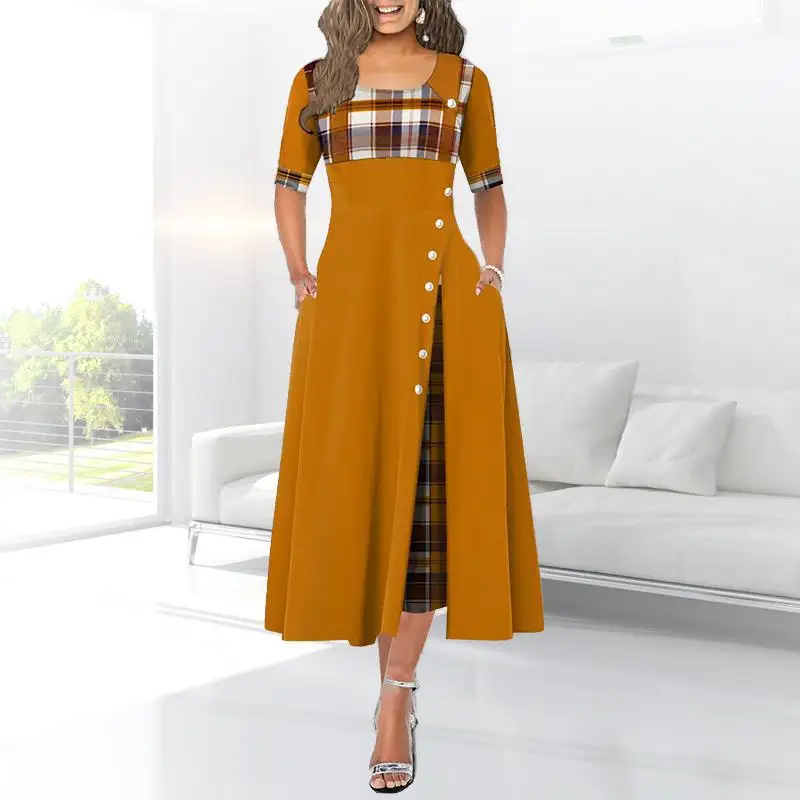 Fashion Women's Casual Dresses with Slit and Buttons High Quality Plus Size Contrast Color Long Dresses Women