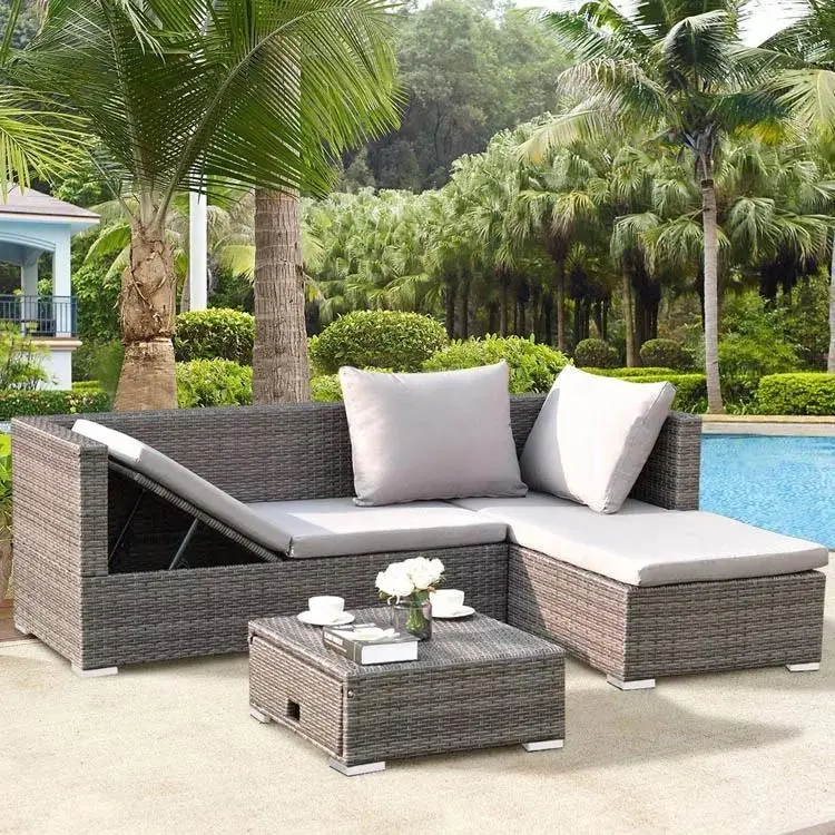 Conjunto moderno de sofá ao ar livre com 3 peças, tubo de aço, rattan tecido com almofada de pano de poliéster para uso em jardim, desmontagem de estrutura de metal